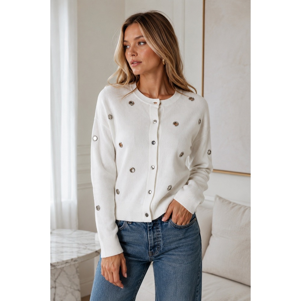 J. Society White Grommet Embellished Snap Front Cotton Cardigan XS